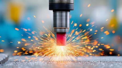 Piece of machinery is spewing sparks and metal shavings. Concept of danger and chaos, as the sparks and debris fly out of the machine. The scene is likely from a factory or workshop