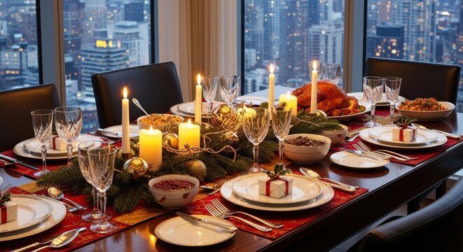 Elegant holiday dinner table with candles and city view at night