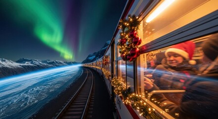 Magical holiday train ride under aurora with christmas decorations and festive passengers