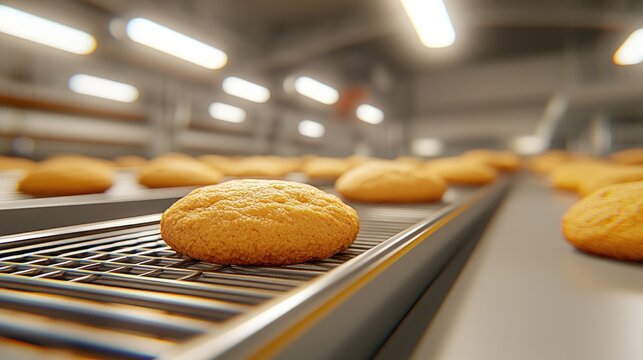 A delightful array of freshly baked cookies travels down the conveyor belt at a bustling baked goods factory during production hours