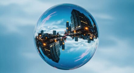 Surreal cityscape reflection in floating sphere at dusk