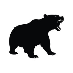 Silhouette of an angry bear standing with open mouth and bared teeth, bear roaring silhouette vector illustration
