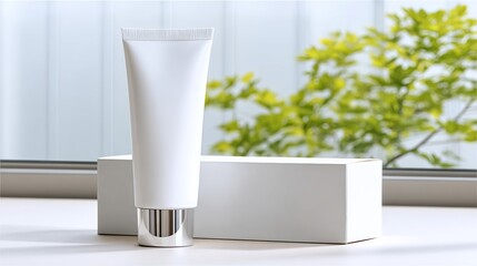 White tube of toothpaste sits on top of a white box. The box is empty and the tube is full. Concept of cleanliness and freshness, as the toothpaste is a product used for oral hygiene