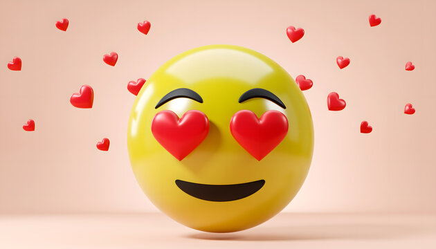 Smiling emoji with heart eyes surrounded by floating hearts on pink background
