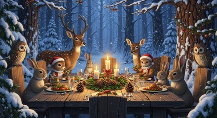 Forest animals celebrate a winter feast by candlelight in snowy woods