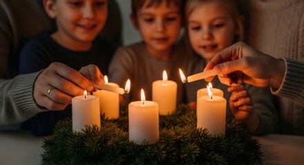 Children lighting advent candles during holiday celebration