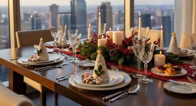 Elegant festive dinner setup with candles and holiday decor in modern city apartment - Powered by Adobe