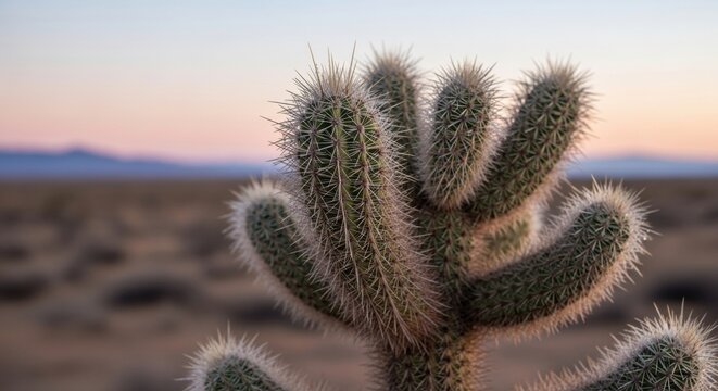 Close-up of cactus in desert at sunset with soft pink and blue sky