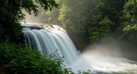 Serene waterfall cascading in lush green forest landscape