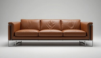 Naklejka premium A modern three seater brown leather sofa with metal frame on a neutral background in a studio setting