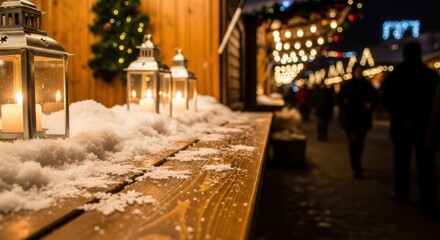Festive winter market with lanterns and snowflakes