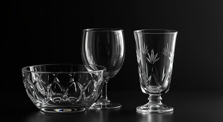 Elegant transparent drinking glasses and serving bowls, showcasing intricate design and sparkling clarity on a simple background ,serving ,Glassware ,shiny