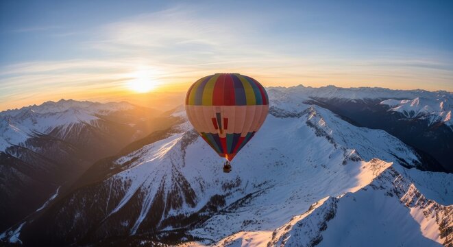 Colorful hot air balloon soaring over snowcapped mountain peaks at sunrise