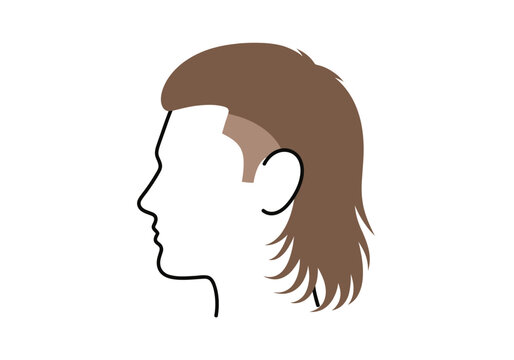 A stylized side profile shows a person with a mullet hairstyle outlined in black against a white background
