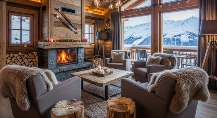 Cozy alpine chalet living room with fireplace and mountain view