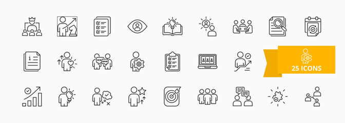 A collection of teamwork and management icons suitable for web and mobile application. Set of outline style icons with leadership, strategy, planning, teamwork and more icons.	