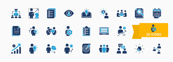 A collection of teamwork and management icons suitable for web and mobile application. Set of glyph blue style icons with leadership, strategy, planning, teamwork and more icons.