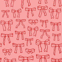 Seamless pattern with tied bows. Hand drawn present knots, feminine accessorizes. Christmas, birthday gifts background. Doodle coquette elements. Romantic vector illustration. Pretty retro art.