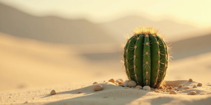 A resilient desert cactus thrives amidst the golden sands, bathed in the warm glow of the setting sun, a symbol of endurance and survival in harsh conditions.