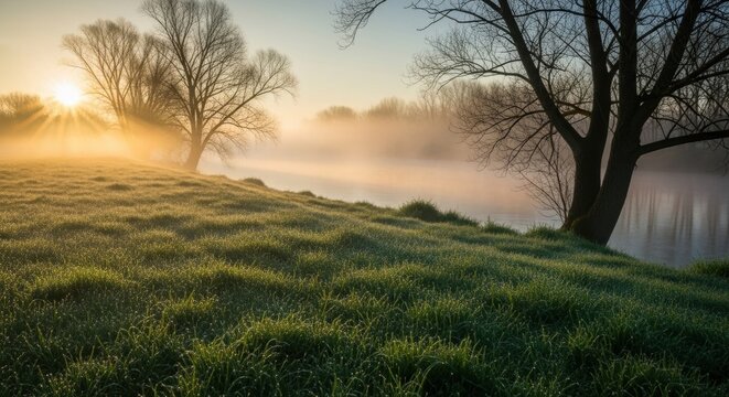 Misty sunrise over serene river landscape with dew-covered grass and bare trees