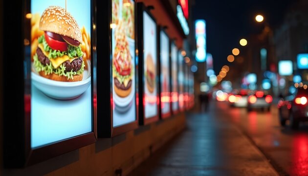 Bright digital menu boards advertise burgers and fries outside a fast food restaurant at night. Cars pass on a busy city street reflecting colourful lights.