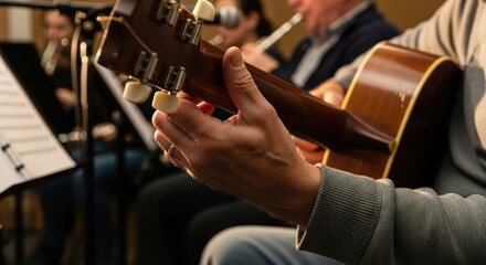 Caucasian male adults playing acoustic guitar in music ensemble