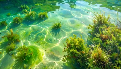 Close-up of clear water with vibrant green aquatic plants. Sun reflects