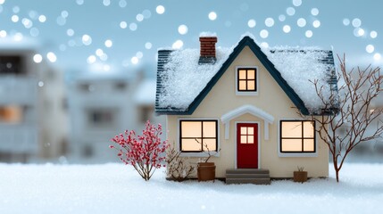 Small house with a red door sits in the snow. The house is surrounded by a white fence and a bush. The snow is falling gently, creating a peaceful and serene atmosphere