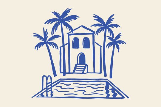Villa with pool and palms, naive brush sketch vector illustration