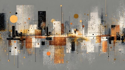 A vibrant abstract cityscape with geometric patterns high rise buildings and a mix of warm and cool tones creating a modern and dynamic urban landscape