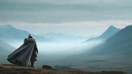 Heroic Figure Overlooking Misty Mountain Landscape