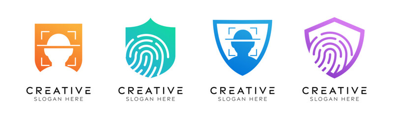 Set of human identity shield logo design templates. Modern isolated shield with fingerprint and face ID design for technology, identity verification and biometric security.	
