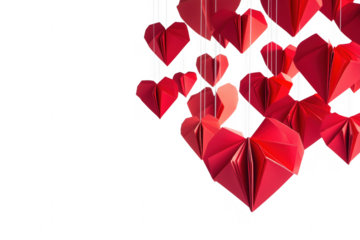 Red origami hearts hanging isolated on a transparent background