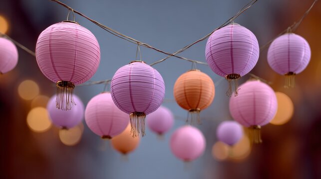 Bunch of pink and orange lanterns hanging from a string. The lanterns are of different sizes and are arranged in a way that creates a sense of movement and depth. Scene is one of celebration