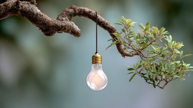Light bulb is hanging from a tree branch, illuminating the surrounding area. The light bulb is glowing brightly, creating a warm and inviting atmosphere. The tree branch is covered in leaves