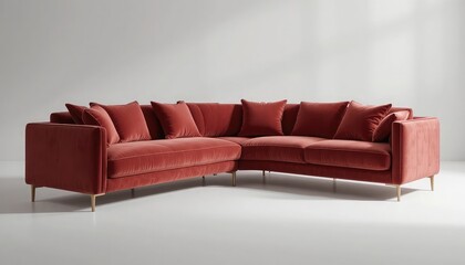 A large l shaped sectional sofa in a reddish brown color with many pillows on a white background