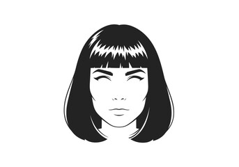 Frontal view of a woman with blunt bangs and short bob eyes closed