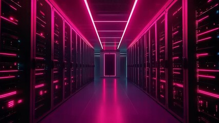 Interior of futuristic data center hallway illuminated with neon magenta lighting - Powered by Adobe