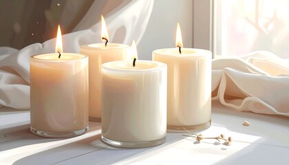 Close-up view depicts four lit ivory-colored candles arranged next to draped fabric and a sunlit window. The candles' flames flicker warmly