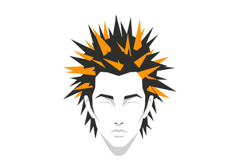 Graphic image of a stylized face with black  orange spiked hair eyes closed on white