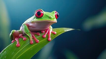 Fototapeta premium A vibrant red-eyed tree frog perches on a green stem against a striking dark blue background, showcasing nature's artistry in its vivid colors