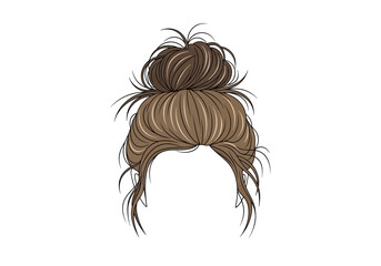Messy bun hairstyle depiction medium brown with light streaks wispy strands