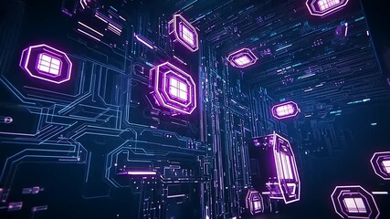 Futuristic digital landscape with neon lights and circuit patterns, showcasing advanced technology - Powered by Adobe