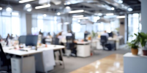 A blurred view of a modern office space with desks, computers, and plants, indicating a busy work environment.