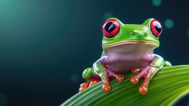 A vibrant red-eyed tree frog perches gracefully on a lush green stem against a stunning dark blue backdrop, showcasing nature's artistry and color - Powered by Adobe