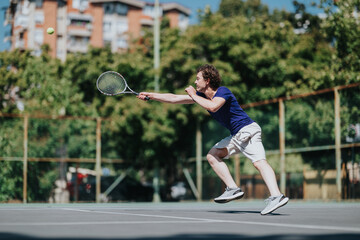 A male tennis player in a blue shirt and white shorts dives to return a ball on an outdoor court,...