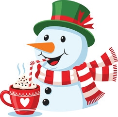 Cute snowman drinking hot chocolate, winter holiday illustration, festive red scarf and green hat, cheerful Christmas cartoon, cozy seasonal artwork design