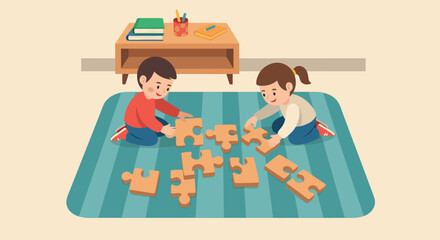 Children Collaboratively Solving a Puzzle on a Striped Rug with a Table Nearby