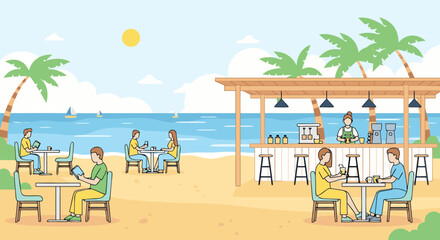 Beachside Cafe Scene with People Enjoying Drinks and Reading Books