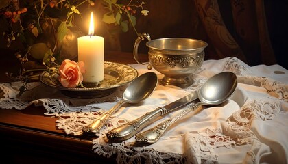 A still life of classic silverware and a lit candle with a delicate floral arrangement, on a lace-covered surface